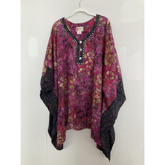 Hilo Hattie Hawaiian Originals Poncho Cover Up 1X Rayon Purple Batik Sequins - Picture 7 of 10